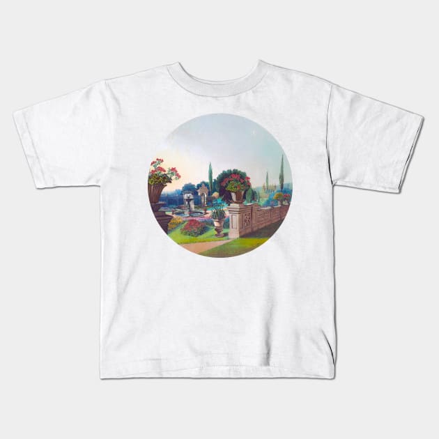 Garden with gushing fountain and flowerpots Kids T-Shirt by Marccelus